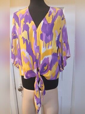 Adrienne Purple and Yellow Tie-Front Women’s Blouse Size S Fits Medium